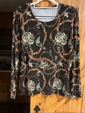 Women's Black Long Sleeve Chain & Belt Print Top